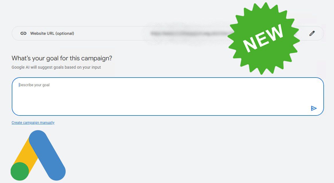 Google Ads prompt-led campaign starting screen with an optional URL and manual setup route