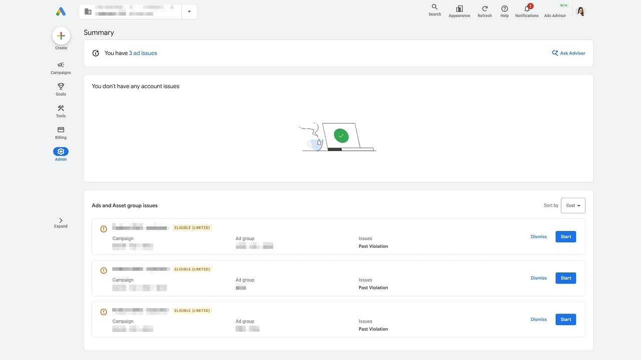 Original source illustration for Google Ads Policy Summary appears under Admin.