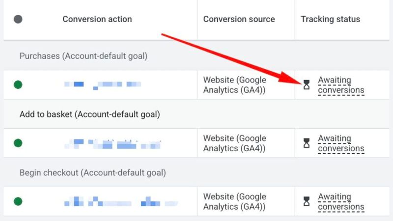 Original source illustration for Google Ads conversion-status icons appear in a practitioner observation.