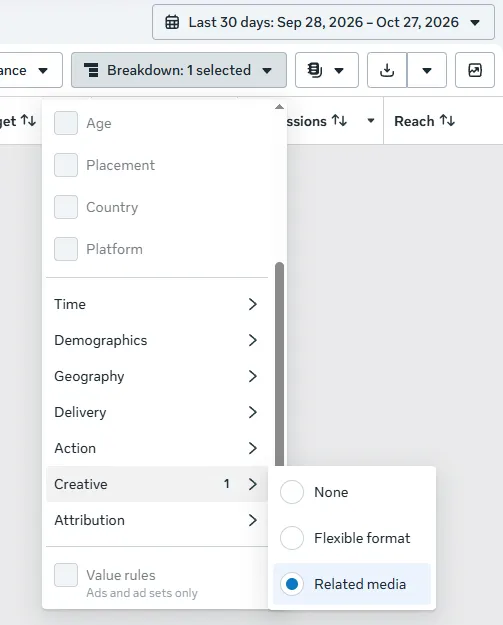 Meta Ads Manager creative media breakdown menu