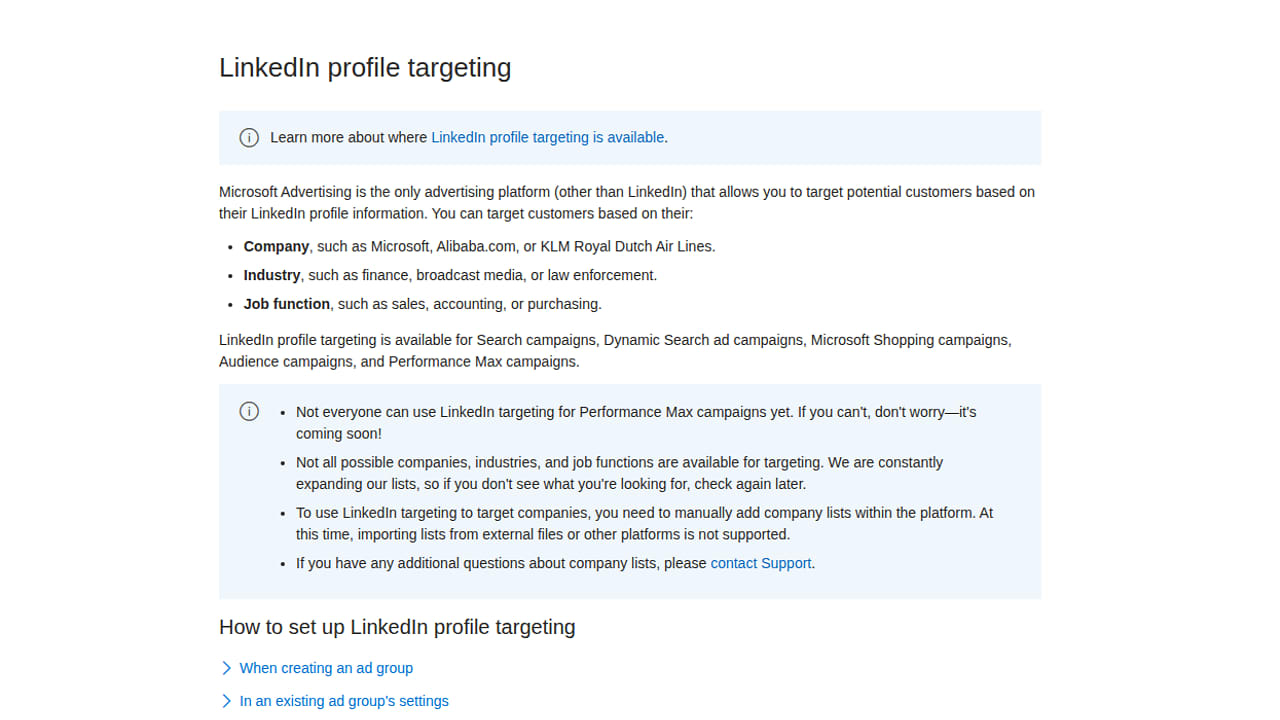 Microsoft documentation on LinkedIn profile targeting and Target and bid