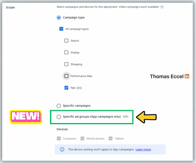 App campaign seasonality scope selector, including specific ad groups