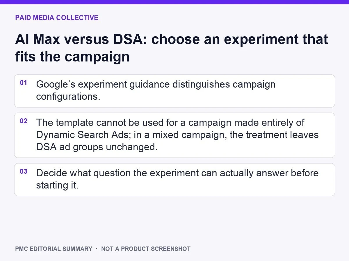 PMC editorial summary: AI Max versus DSA: choose an experiment that fits the campaign
