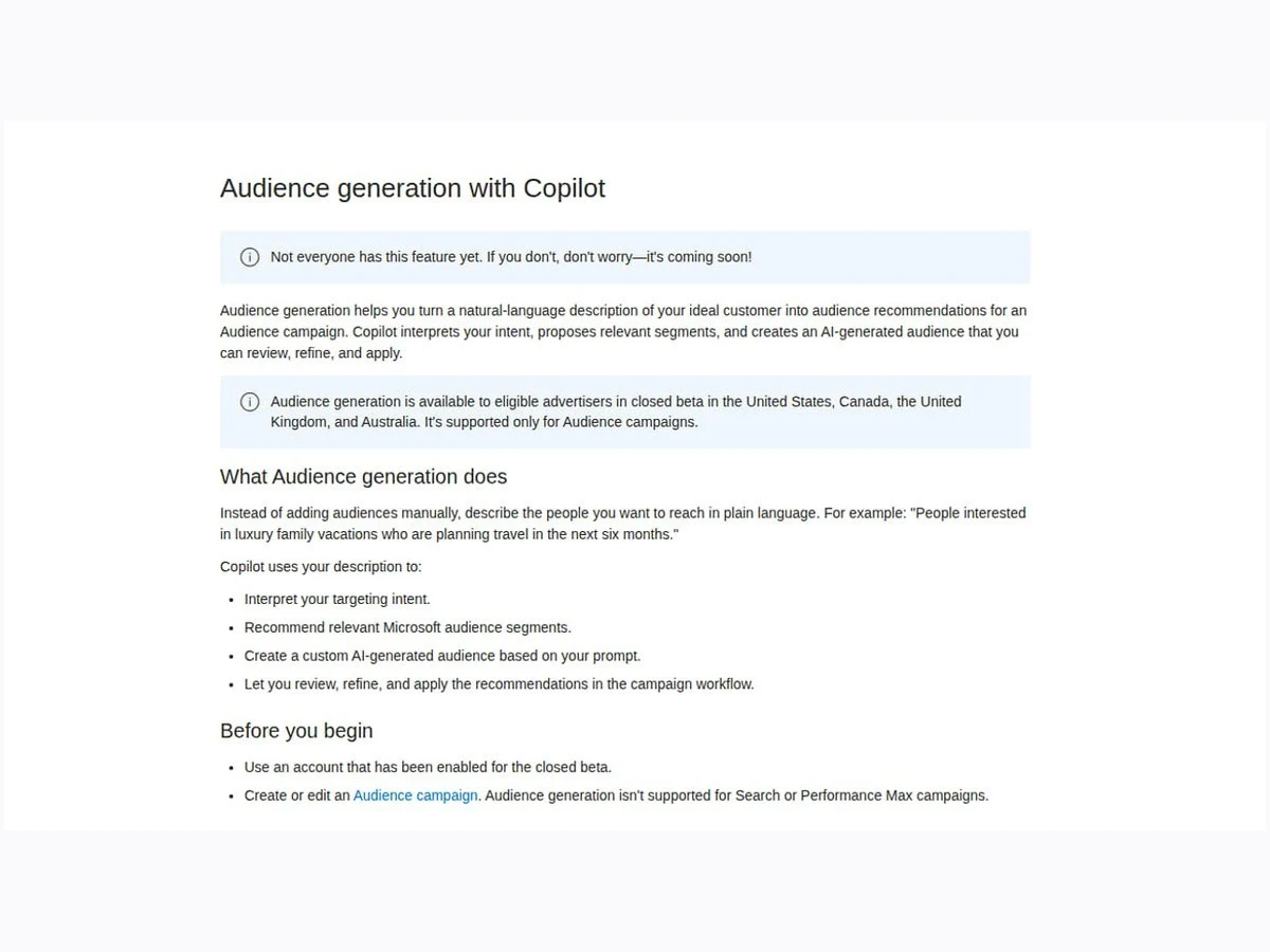 Microsoft Advertising audience generation with Copilot beta documentation