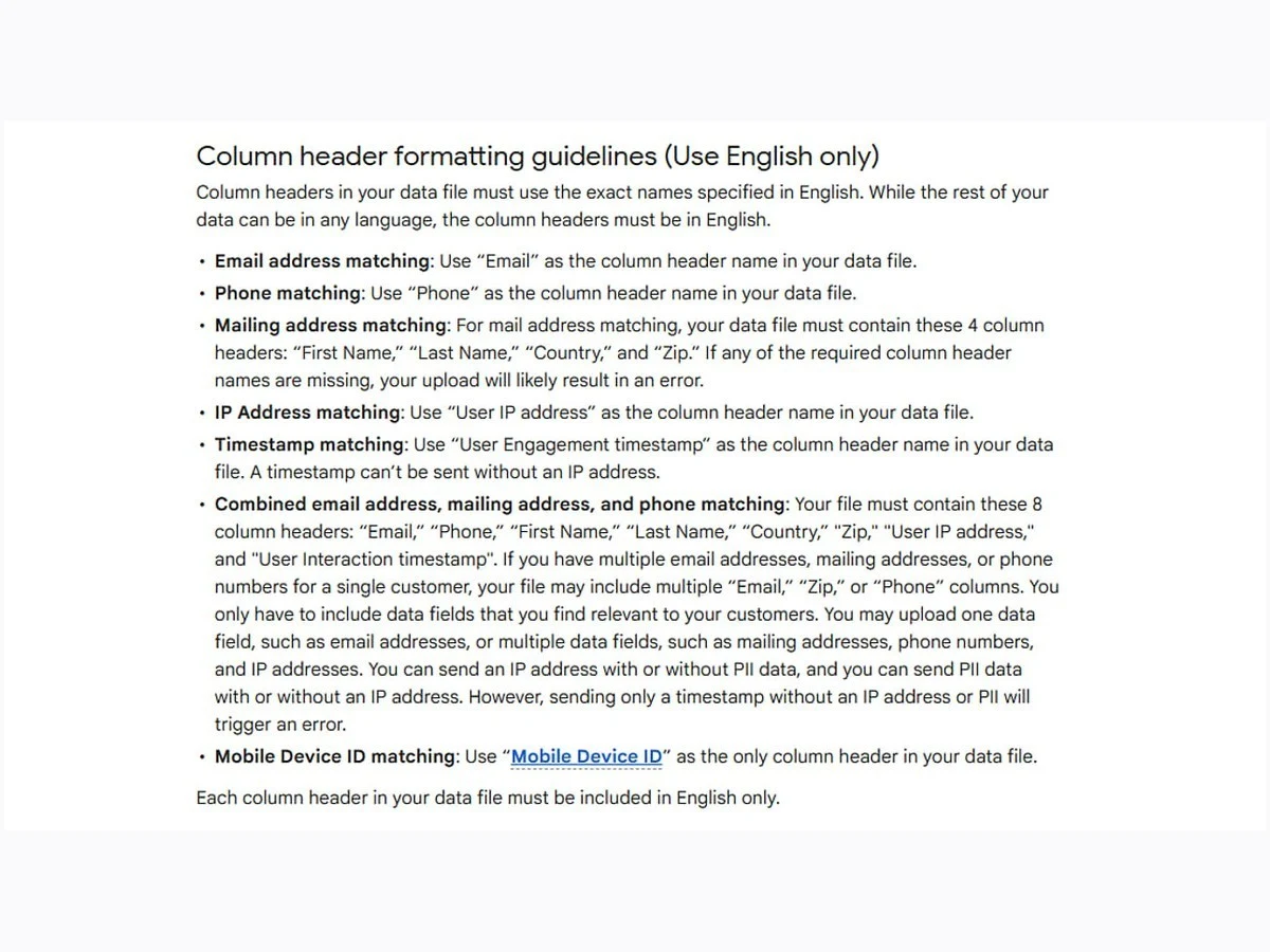 Customer Match upload column-formatting documentation