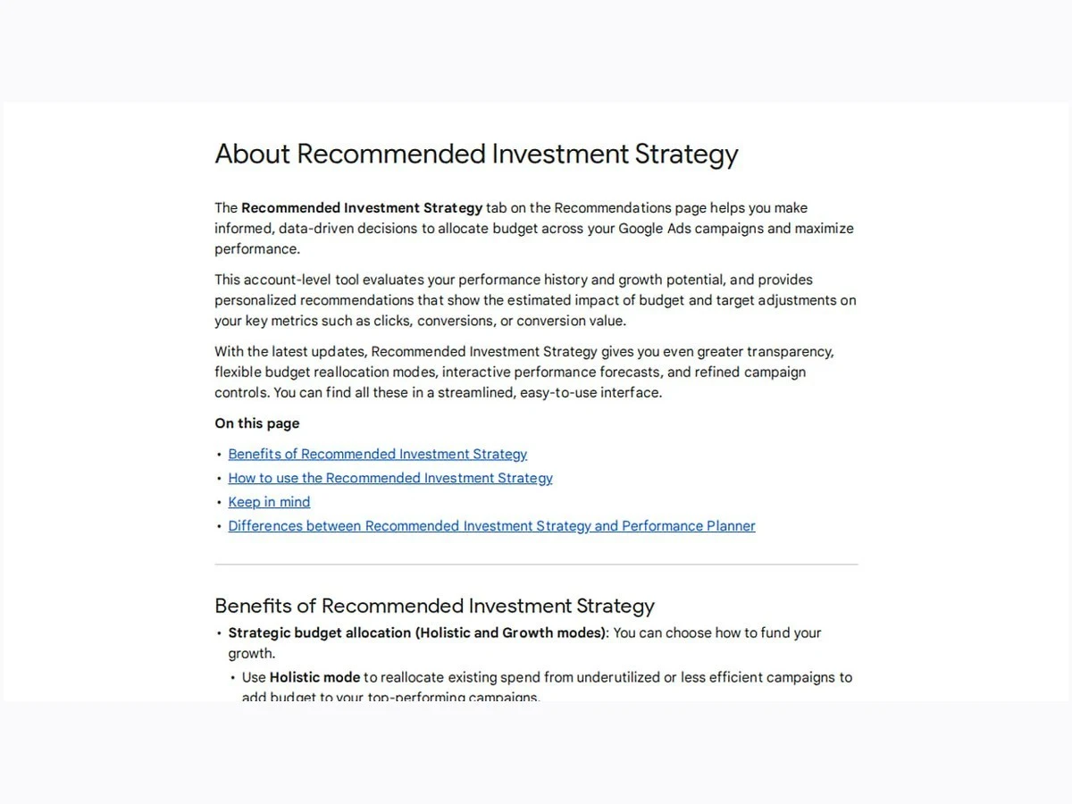 Google Ads documentation describing recommended investment strategy and its benefits