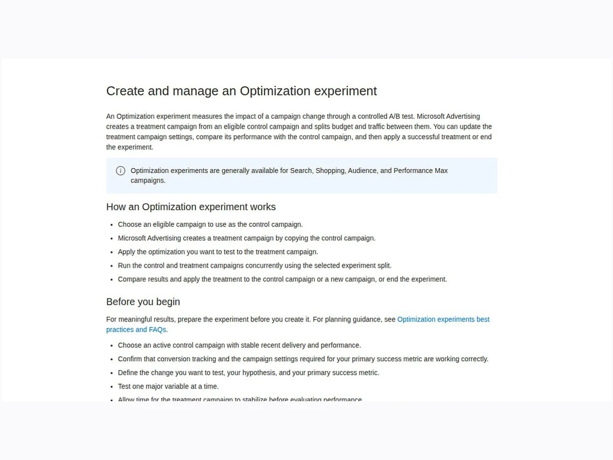 Microsoft Advertising documentation for creating an optimisation experiment