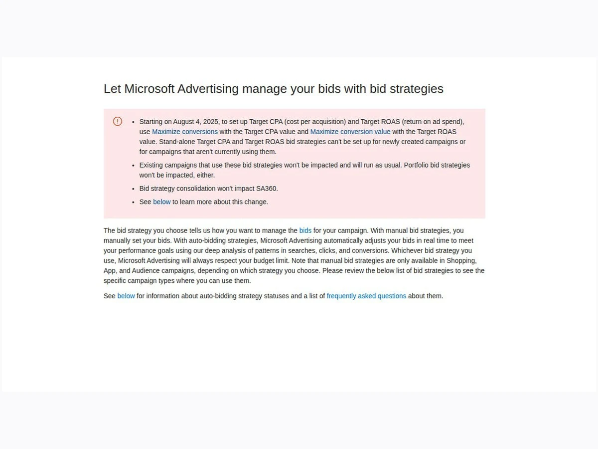 Microsoft Advertising bid strategy documentation with a highlighted maximum CPC section