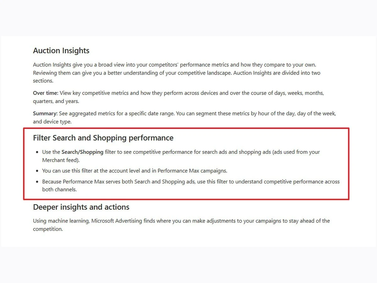 Microsoft competition report documentation separating Search and Shopping performance