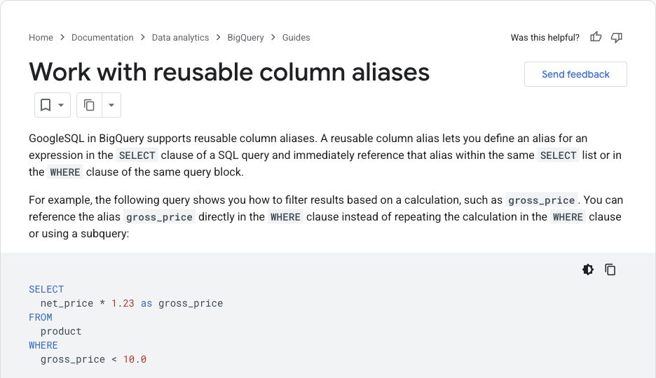 Google Cloud documentation explaining reusable column aliases in BigQuery.