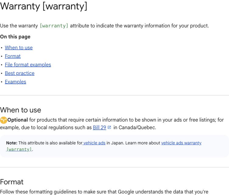 Google Merchant Center warranty documentation showing optional use and a link to separate vehicle-ad guidance.