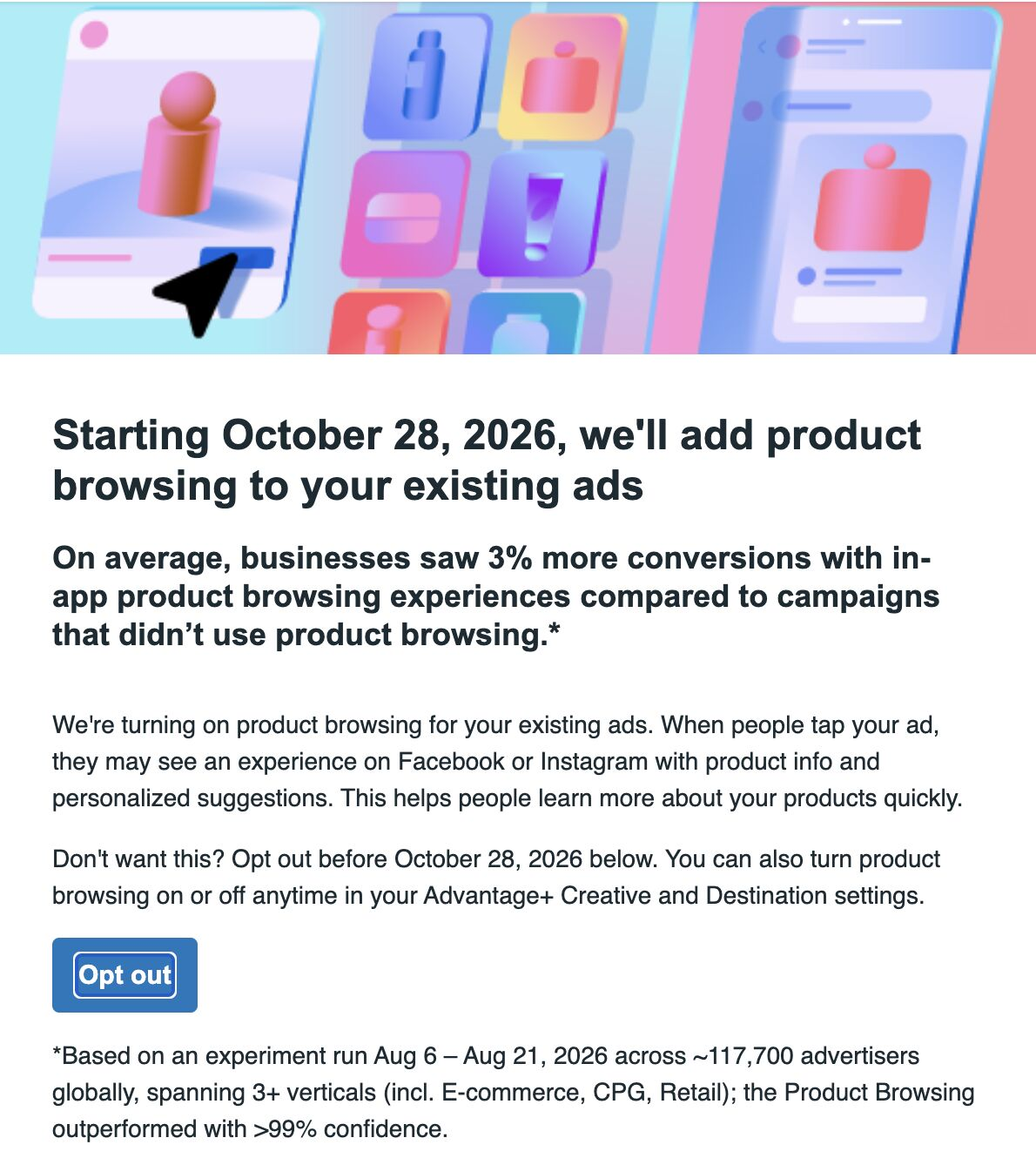 Product-browsing notice showing a 28 October 2026 start date, opt-out option and Advantage+ settings.