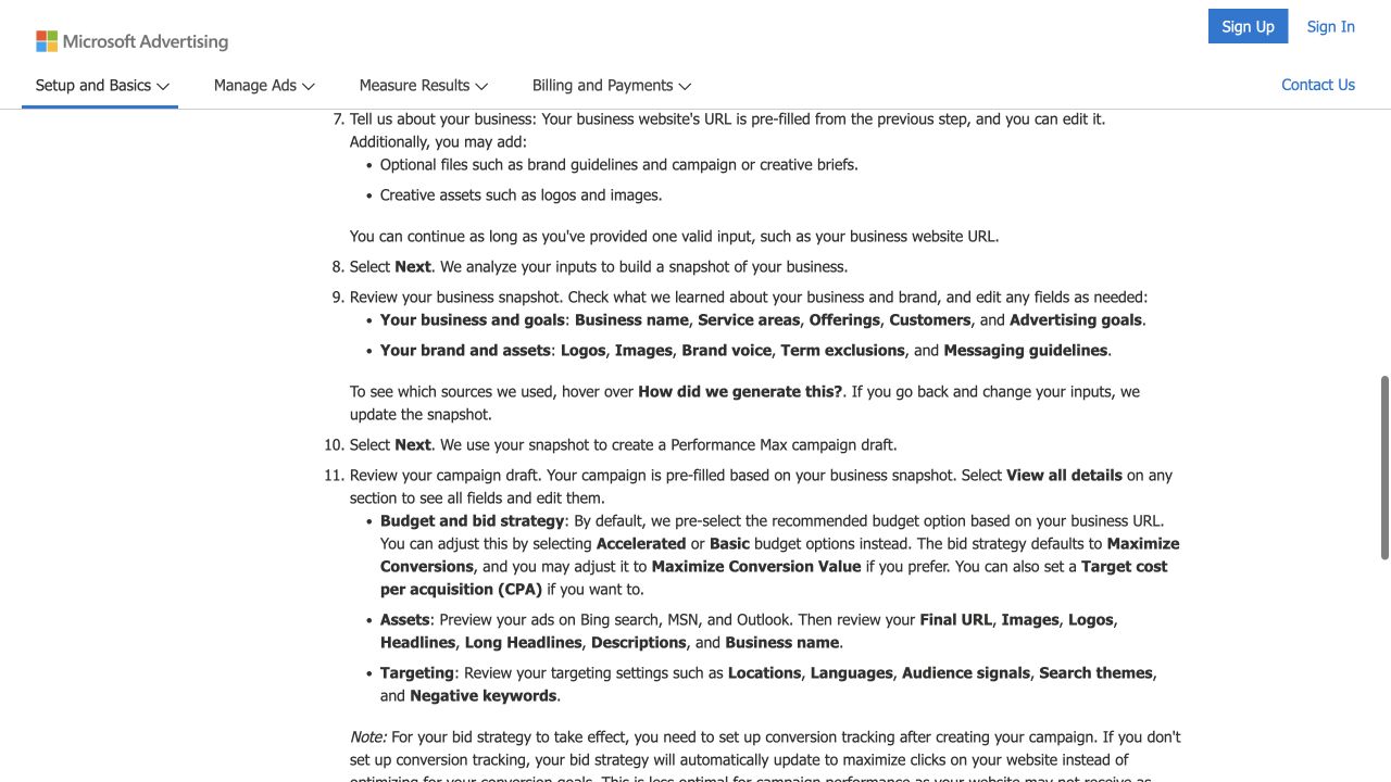 Microsoft Advertising instructions for reviewing a business snapshot and the resulting Performance Max campaign draft.