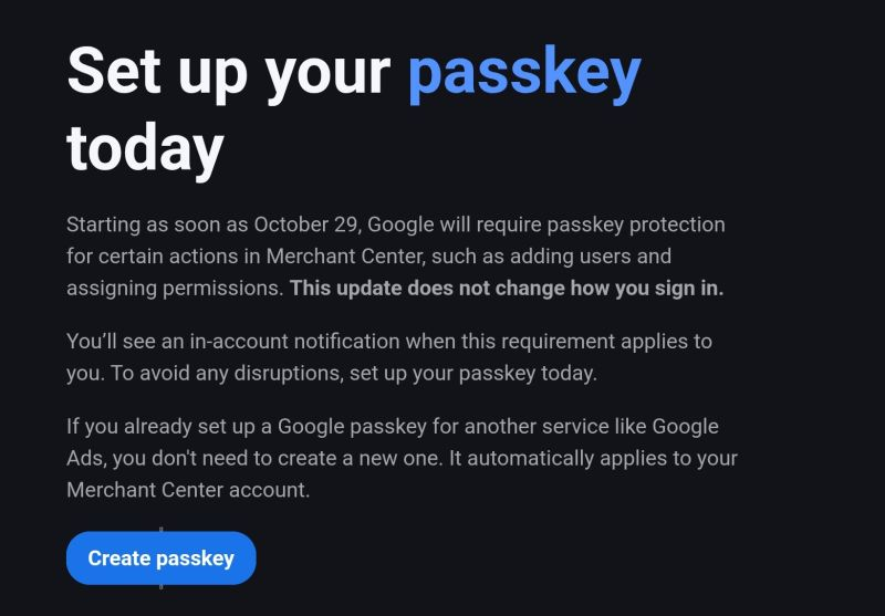 Merchant Center notice points to passkeys for sensitive actions from 29 October. Source image from the published Week 43 newsletter.