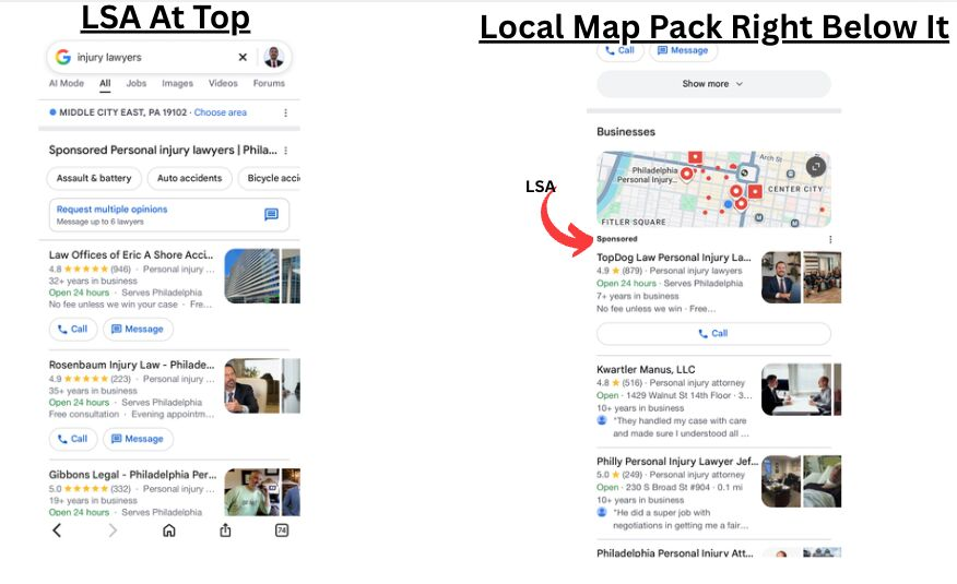 An LSA-style result appears beside the local map pack for injury searches. Source image from the published Week 43 newsletter.