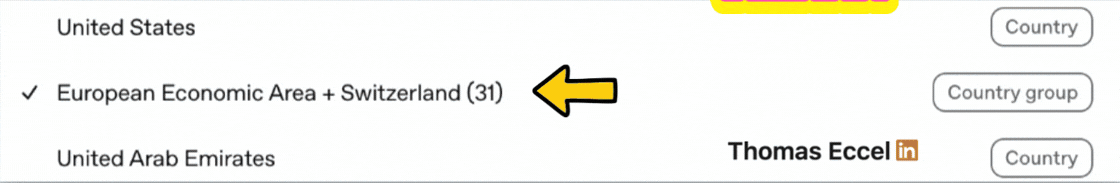 ChatGPT Ads offers location groups such as "European Economic Area + Switzerland". Source image from the published Week 43 newsletter.