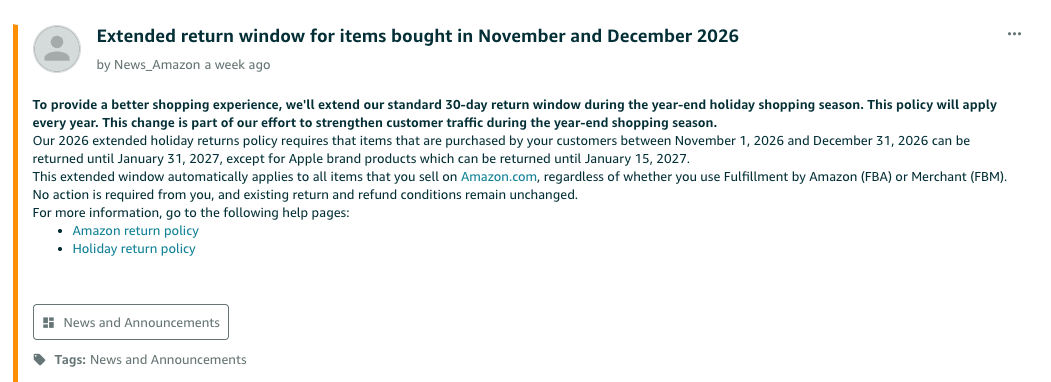 Amazon confirms its extended return window for 2026 holiday purchases. Source image from the published Week 43 newsletter.
