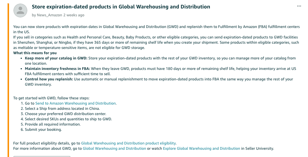 Global Warehousing and Distribution now accepts expiration-dated products. Source image from the published Week 43 newsletter.