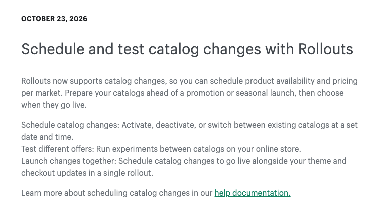 Shopify Rollouts schedule catalogue changes for a set date and time. Source visual from the published Week 43 newsletter.