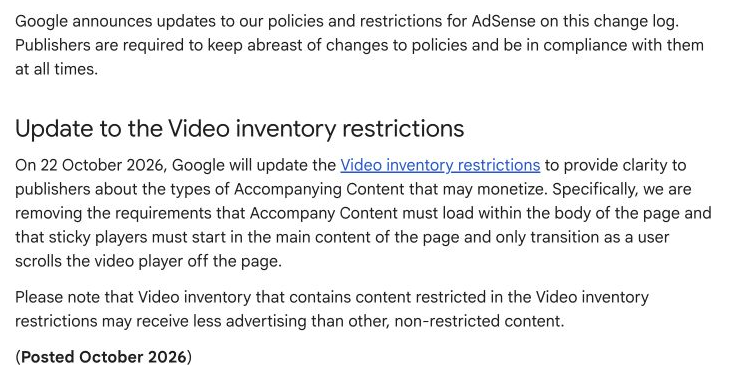 Google removes two placement requirements for video inventory. Source image from the published Week 43 newsletter.