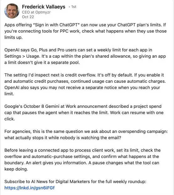Apps that use "Sign in with ChatGPT" draw on your plan's limits, and overflow billing is off by default. Source visual selected in Paid Media News Week 43.