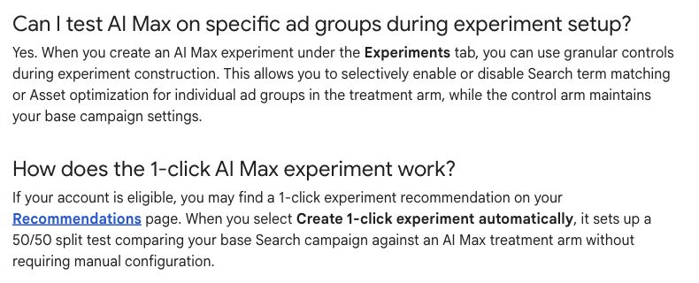 Google documentation explaining AI Max ad-group controls and one-click experiments.