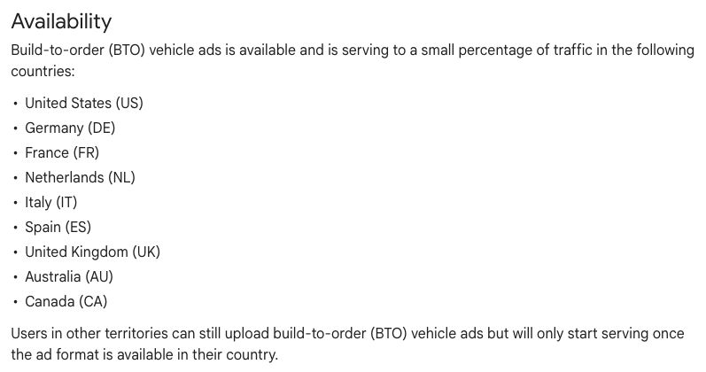 Google documentation listing limited build-to-order vehicle-ad availability in nine countries.
