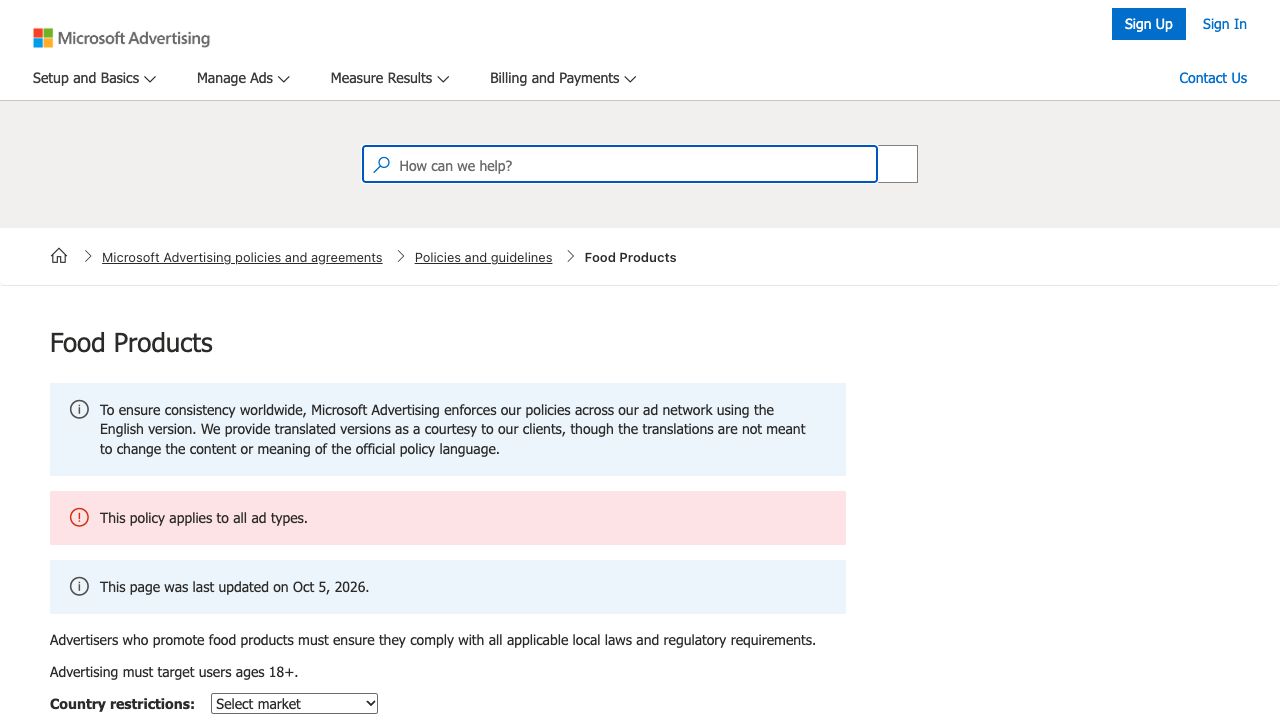 Microsoft Food Products policy page showing an 18+ targeting instruction and 5 October update date.