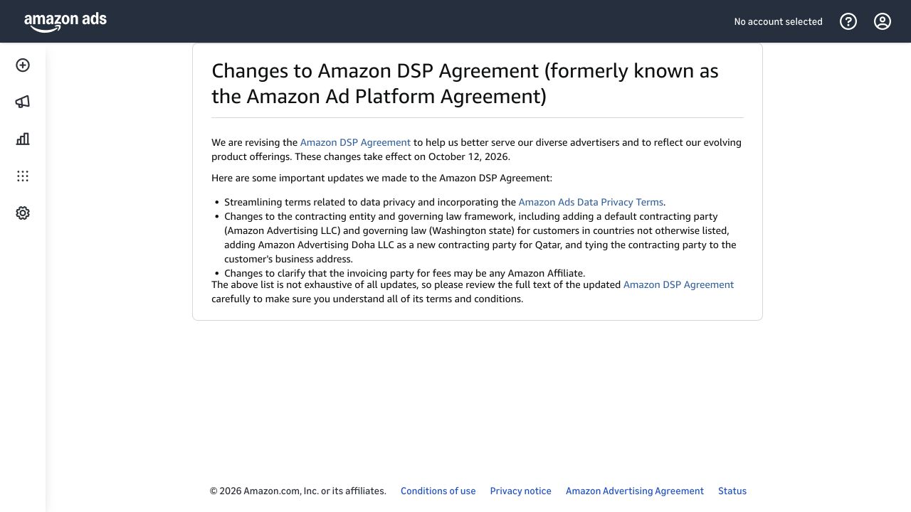 Screenshot of Amazon’s public DSP agreement change notice.
