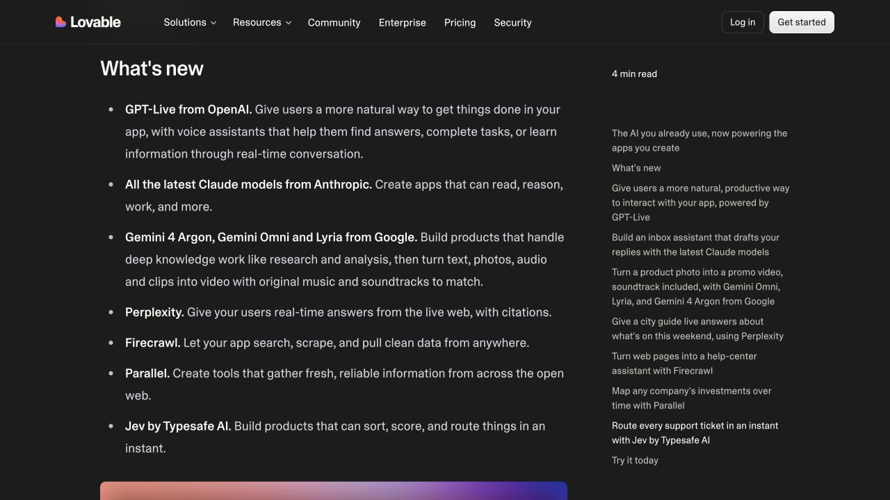 Screenshot of Lovable’s official AI integrations announcement; source documentation, not a product-interface demonstration.